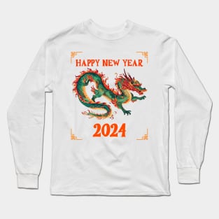 Fantasy Dragon: Happy New Year 2024 in Green, Orange, Red & Yellow! Long Sleeve T-Shirt